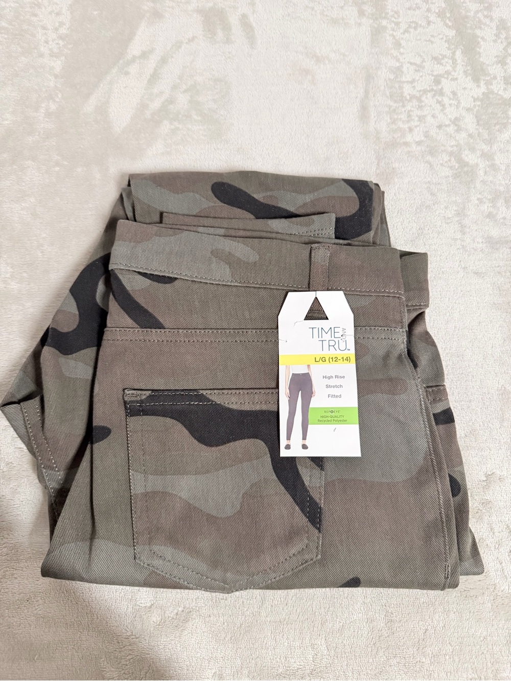 Time and Tru Olive and Black Camo High-Rise Jeggings